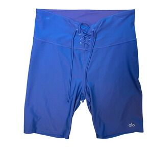 ALO Yoga Womens Iridescent Blue Purple Lace-Up Bike Shorts Small Vacation Beach
